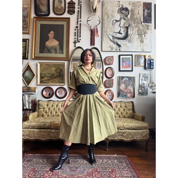 Vintage 80s Olive Green Ribbed Waist Collared Midi Dress Size 7 Medium - Picture 2 of 9